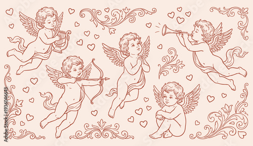 Vintage cupid angels collection, cherub love illustration set, romantic valentine decorative elements, winged baby angels playing harp trumpet bow