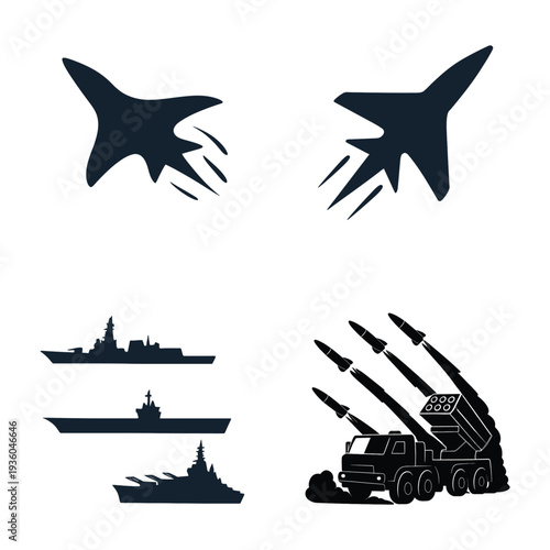 Dark blue silhouettes of fighter jets, warships and missile launcher on white background