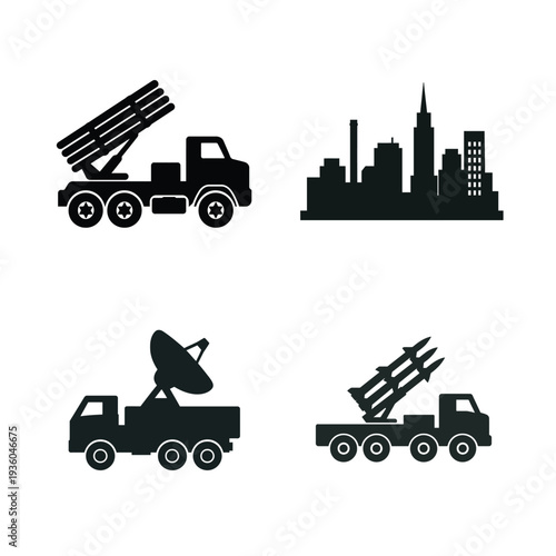 Military vehicles and cityscape with satellite and missile launchers
