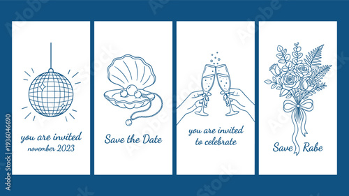 Wedding invitation card collection with disco ball pearl champagne toast and floral bouquet, elegant save the date vector set