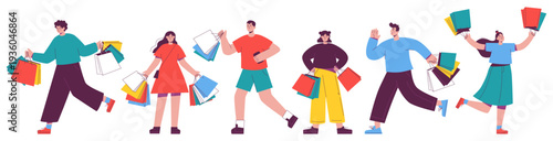 Happy Young Customers with Colorful Shopping Bags.