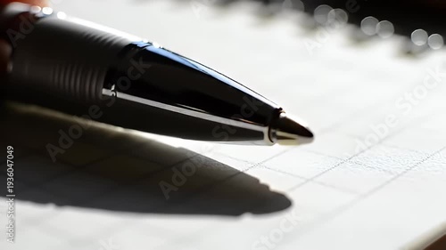 Polished black pen casting shadow on graph paper, with spiral binding blurred in background