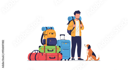 A male traveler stands with a large backpack and a tall stack of colorful suitcases and duffel bags beside a small brown and white dog on a plain white background.