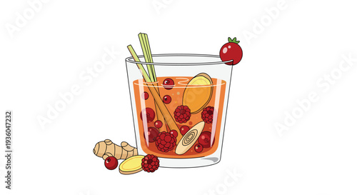 A clear glass contains a reddish beverage with raspberries, sliced ginger, lemongrass stalks, and a single cherry garnish on the rim, set against a clean white background.