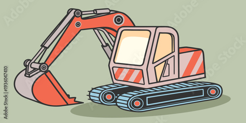 Detailed excavator construction vehicle in flat modern style. Heavy equipment vector illustration perfect for engineering branding, industrial posters and machinery ads.