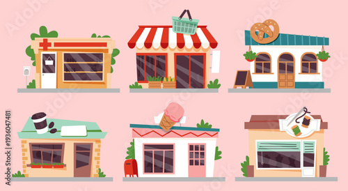 Colorful Street Shop Facades and Store Fronts Set.