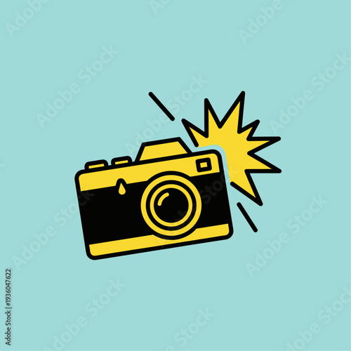 Yellow Camera Illustration with Flash Burst.
