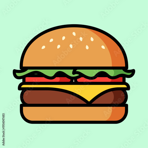 Illustration of a Cheeseburger with Lettuce and Tomato.