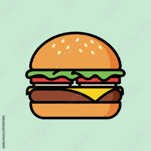 Illustrated Cheeseburger with Lettuce and Tomato.