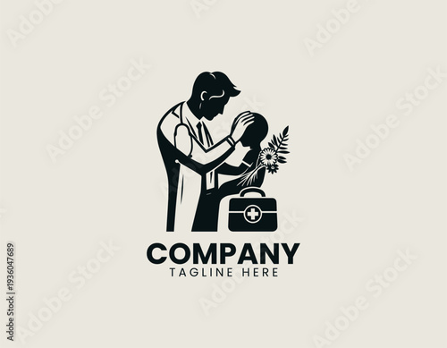 Caring doctor comforting child with flowers in clean modern healthcare vector illustration style