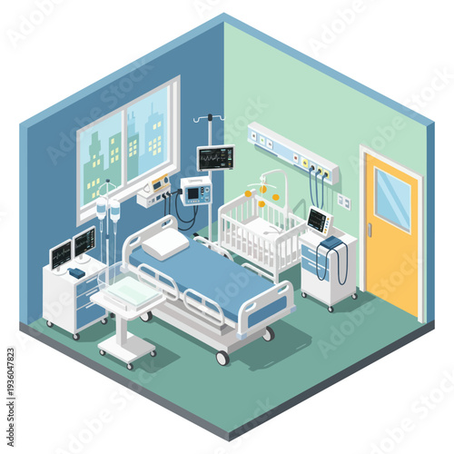 Hospital Room with Medical Equipment and Bed.