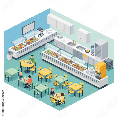 Isometric View of Cafeteria with Food Counter.