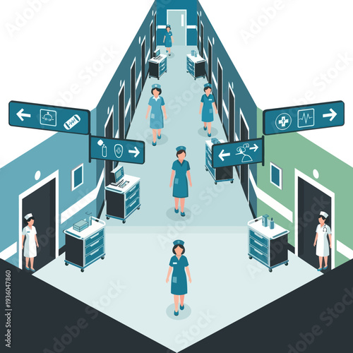 Medical Staff in Hospital Corridor Isometric View.