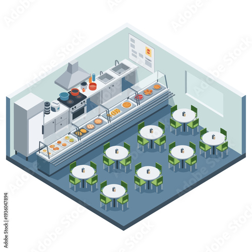 Isometric View of Modern Restaurant Kitchen and Dining.