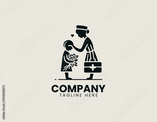Caring doctor comforting child with flowers in clean modern healthcare vector illustration style