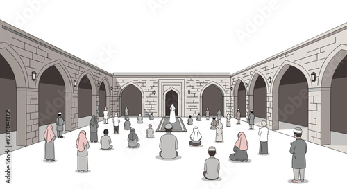 A diverse group of individuals in traditional garments are praying in an open-air mosque courtyard with grey stone walls and arched entrances.
