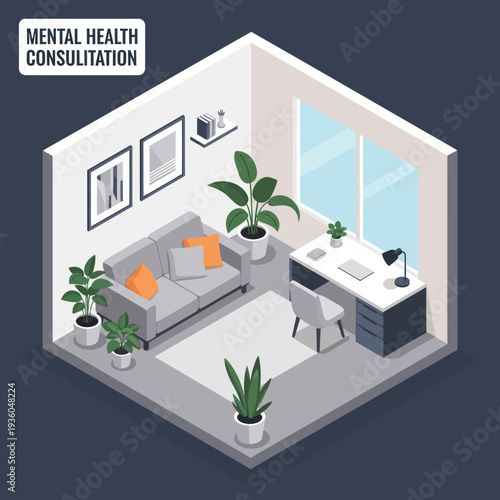 Isometric Mental Health Consultation Room Interior.