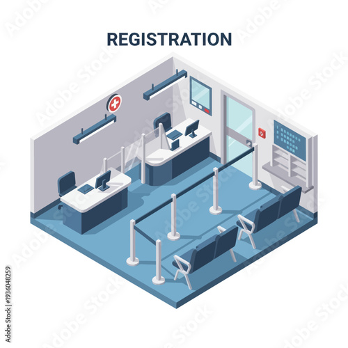Isometric Office Reception Desk and Waiting Area.