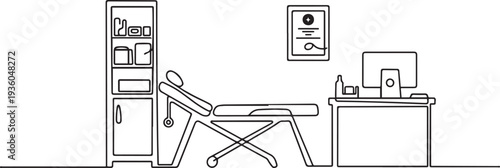 Doctor office graphic black white interior. one line art icon drawing vector