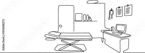 Doctor office graphic black white interior. one line art icon drawing vector