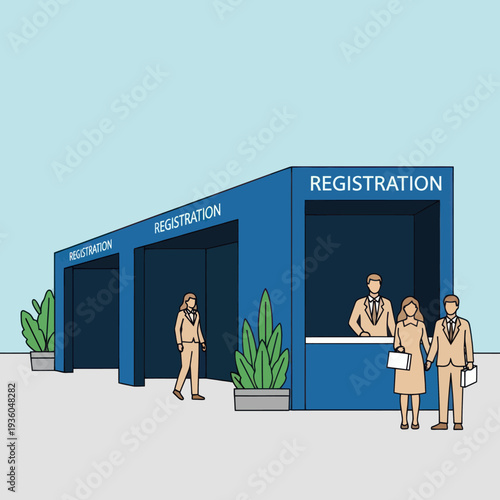 Registration Desk with People and Booths.