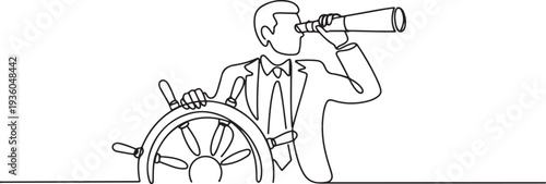 Continuous one line drawing of businessman steering ship and looking through telescope, one line art icon drawing vector