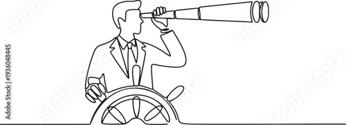 Continuous one line drawing of businessman steering ship and looking through telescope, one line art icon drawing vector