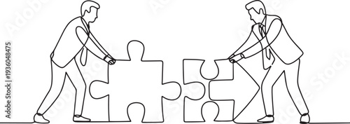 Continuous one line drawing of two businessmen pushing half arrow jigsaw pieces together, one line art icon drawing vector