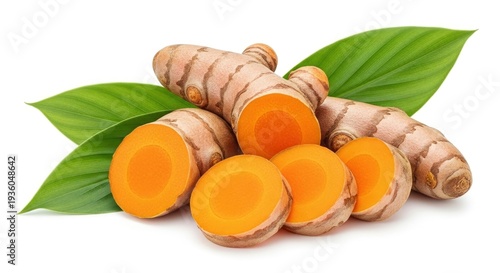 Vibrant turmeric roots, whole and sliced, with green leaves, isolated on white background.