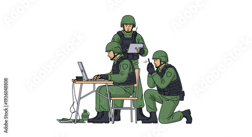 Three soldiers in green combat uniforms are engaged in various tasks, with one using a laptop, another holding a tablet, and a third operating a walkie-talkie.