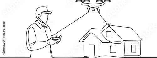 Continuous one line drawing of home inspection employee using drone to inspect house of customer, one line art icon drawing vector