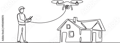 Continuous one line drawing of home inspection employee using drone to inspect house of customer, one line art icon drawing vector