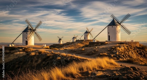 Historic Spanish windmills at sunset, standing majestically on a golden, arid landscape.