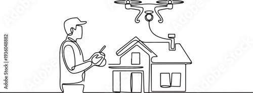 Continuous one line drawing of home inspection employee using drone to inspect house of customer, one line art icon drawing vector