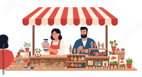 A man and a woman are attending a vibrant market stall under a striped awning, selling handmade pottery, wooden carvings, and various crafts to a customer.
