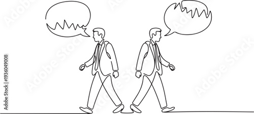Continuous one line drawing of two businessmen with broken speech bubbles walking in opposite directions, one line art icon drawing vector