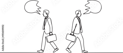 Continuous one line drawing of two businessmen with broken speech bubbles walking in opposite directions, one line art icon drawing vector