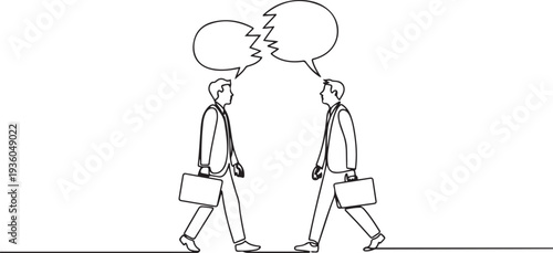 Continuous one line drawing of two businessmen with broken speech bubbles walking in opposite directions, one line art icon drawing vector