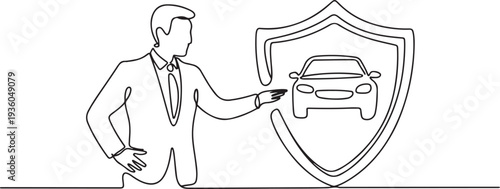 Continuous one line drawing of insurance salesman presenting shield with car inside, one line art icon drawing vector