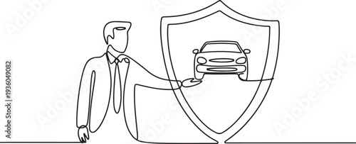 Continuous one line drawing of insurance salesman presenting shield with car inside, one line art icon drawing vector
