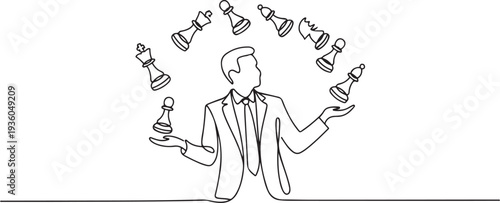 Continuous one line drawing of businessman juggling chess pieces, strategy for business, one line art icon drawing vector