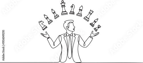 Continuous one line drawing of businessman juggling chess pieces, strategy for business, one line art icon drawing vector
