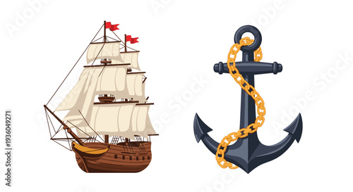 A classic tall ship with white sails and a brown hull is depicted alongside a large black anchor wrapped with a golden chain on a pristine white background.