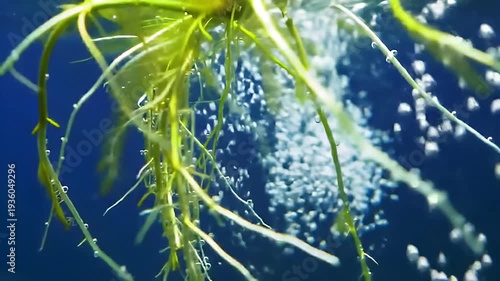 Underwater plant roots amid ascending air bubbles against a dark blue backdrop