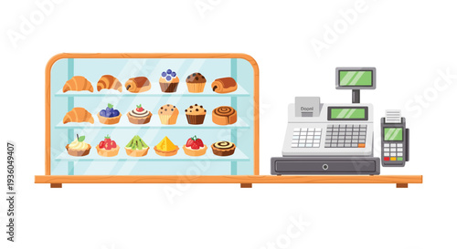 A detailed illustration shows a wooden display case filled with diverse pastries and desserts beside a cash register on a counter.