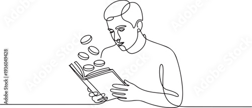 Continuous one line drawing of young man holding open book with money coins inside, learning financial literacy concept, one line art icon drawing vector