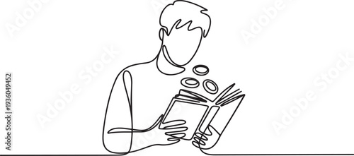 Continuous one line drawing of young man holding open book with money coins inside, learning financial literacy concept, one line art icon drawing vector