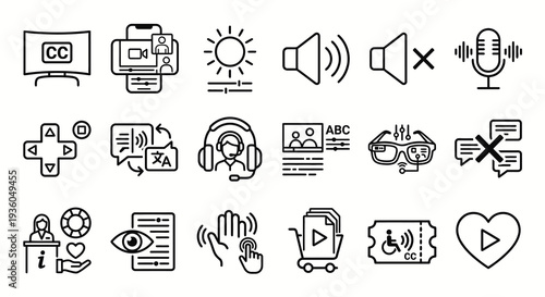 Monochrome minimal vector icons for accessible entertainment and deaf media. Cinema, theater, and streaming accessibility collection. Vector illustration for inclusive culture and digital media.
