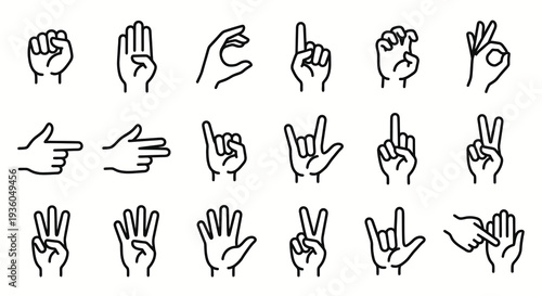 Monochrome minimal vector icons of sign language hand gestures. Finger spelling and manual alphabet collection. Vector illustration for deaf communication, education, and accessibility concepts.