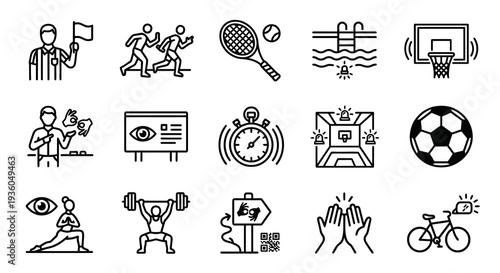 Monochrome minimal vector icons for inclusive sports and deaf athletes. Physical activity and visual signaling collection. Vector illustration for sports coaching, competitions, and leisure accessibil